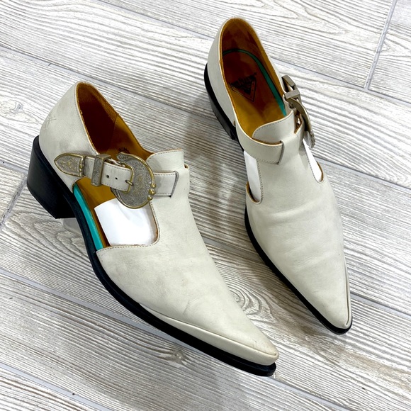 John Fluevog Shoes - Fluevog Wrappings Articulate White Buckled T-strap Western Booties - sz 11